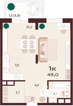 1-к квартира, строящийся дом, 49м2, 4/8 этаж