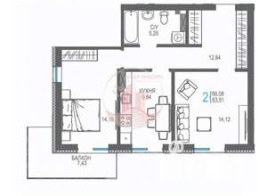 2-к квартира, вторичка, 64м2, 7/16 этаж