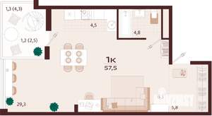 1-к квартира, строящийся дом, 58м2, 3/7 этаж