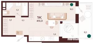 1-к квартира, вторичка, 49м2, 7/9 этаж