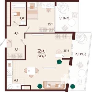 2-к квартира, строящийся дом, 68м2, 4/7 этаж