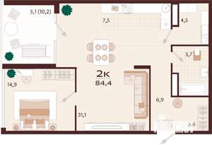 2-к квартира, строящийся дом, 84м2, 6/7 этаж