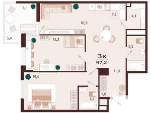 3-к квартира, вторичка, 97м2, 9/9 этаж