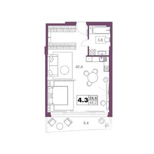 1-к квартира, вторичка, 57м2, 4/6 этаж