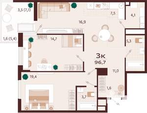 3-к квартира, строящийся дом, 97м2, 7/7 этаж