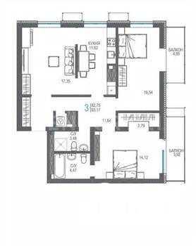 3-к квартира, вторичка, 93м2, 15/16 этаж