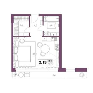 1-к квартира, строящийся дом, 44м2, 2/6 этаж
