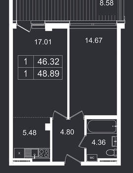 2-к квартира, вторичка, 49м2, 1/8 этаж