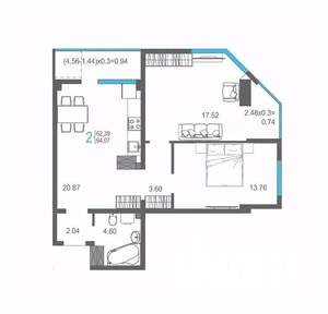 2-к квартира, вторичка, 64м2, 12/17 этаж