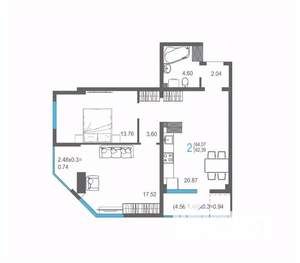 2-к квартира, строящийся дом, 64м2, 14/17 этаж