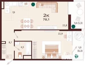 3-к квартира, строящийся дом, 78м2, 2/7 этаж