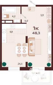 1-к квартира, вторичка, 48м2, 2/9 этаж