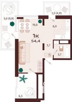 1-к квартира, строящийся дом, 54м2, 2/8 этаж