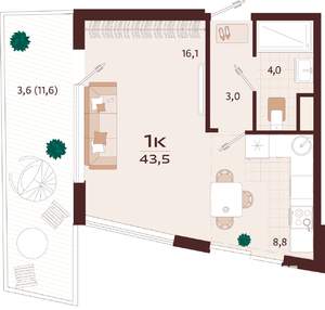 1-к квартира, строящийся дом, 44м2, 5/7 этаж