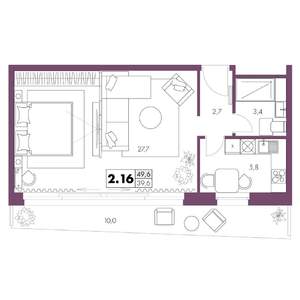 1-к квартира, строящийся дом, 50м2, 2/6 этаж