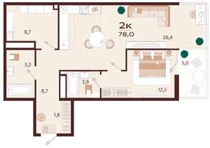 2-к квартира, вторичка, 78м2, 9/9 этаж