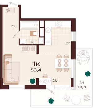 1-к квартира, вторичка, 53м2, 4/8 этаж