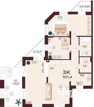 3-к квартира, вторичка, 101м2, 1/9 этаж