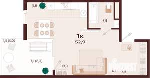 1-к квартира, строящийся дом, 53м2, 4/7 этаж