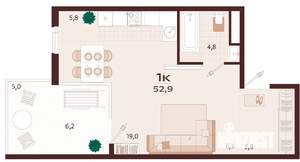 1-к квартира, вторичка, 53м2, 8/9 этаж