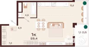 1-к квартира, строящийся дом, 59м2, 6/7 этаж