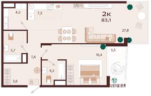 2-к квартира, вторичка, 83м2, 9/9 этаж