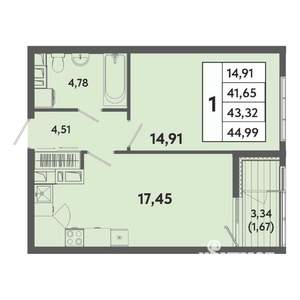 1-к квартира, вторичка, 43м2, 2/20 этаж