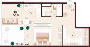 1-к квартира, вторичка, 61м2, 2/9 этаж