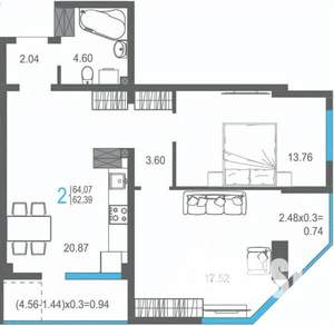 2-к квартира, строящийся дом, 64м2, 15/17 этаж