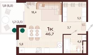 1-к квартира, строящийся дом, 47м2, 4/7 этаж