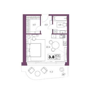 1-к квартира, вторичка, 47м2, 3/6 этаж