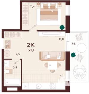 2-к квартира, вторичка, 51м2, 8/9 этаж